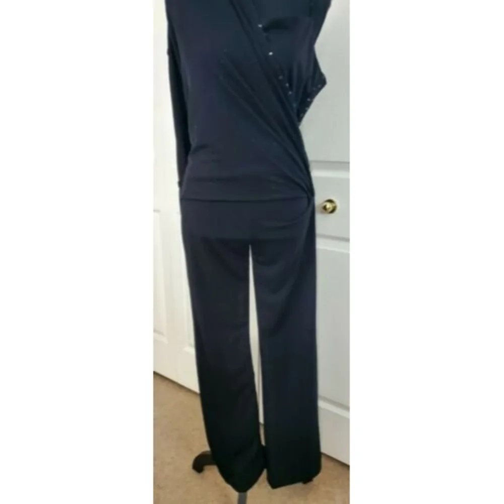 TOWER Ladies Evening Black Stretch Purple Glitter Layered Mesh Jumpsuit Sz M